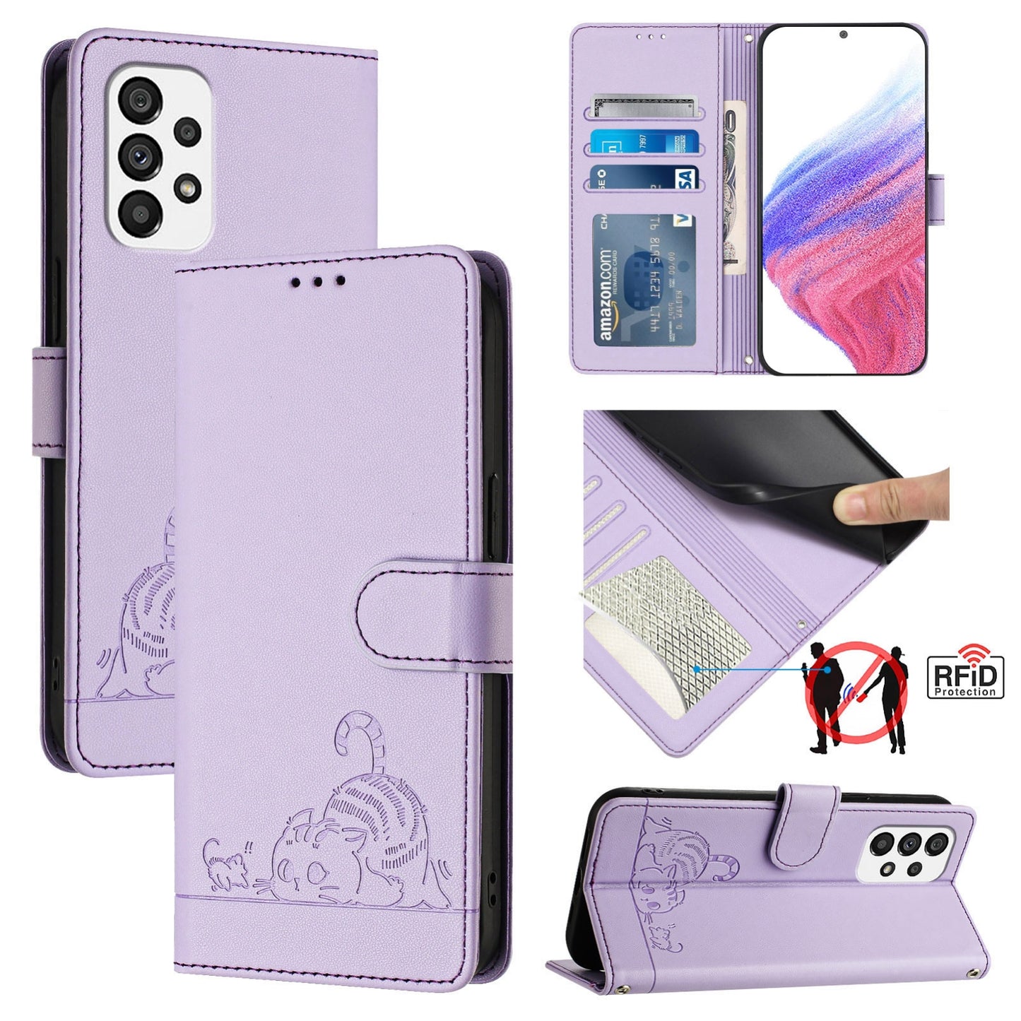 Samsung Galaxy A73 5G Cat & Rat Embossed RFID Leather Case, Lanyard, Wallet, Card Slots, Kickstand, Anti-Fall, Scratch-Resistant