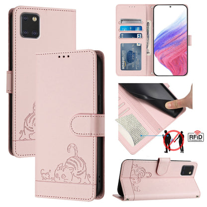 Samsung Galaxy A81 Cat & Rat Embossed RFID Leather Case, Lanyard, Wallet, Card Slots, Kickstand, Anti-Fall, Scratch-Resistant