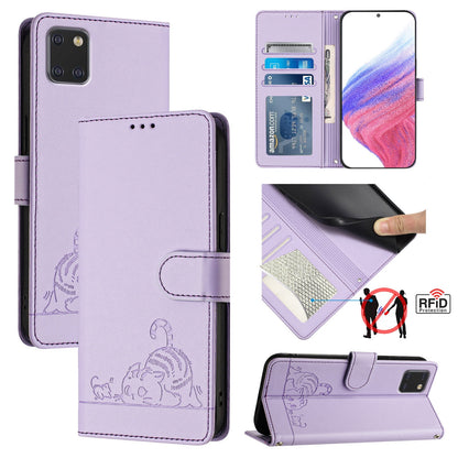Samsung Galaxy A81 Cat & Rat Embossed RFID Leather Case, Lanyard, Wallet, Card Slots, Kickstand, Anti-Fall, Scratch-Resistant