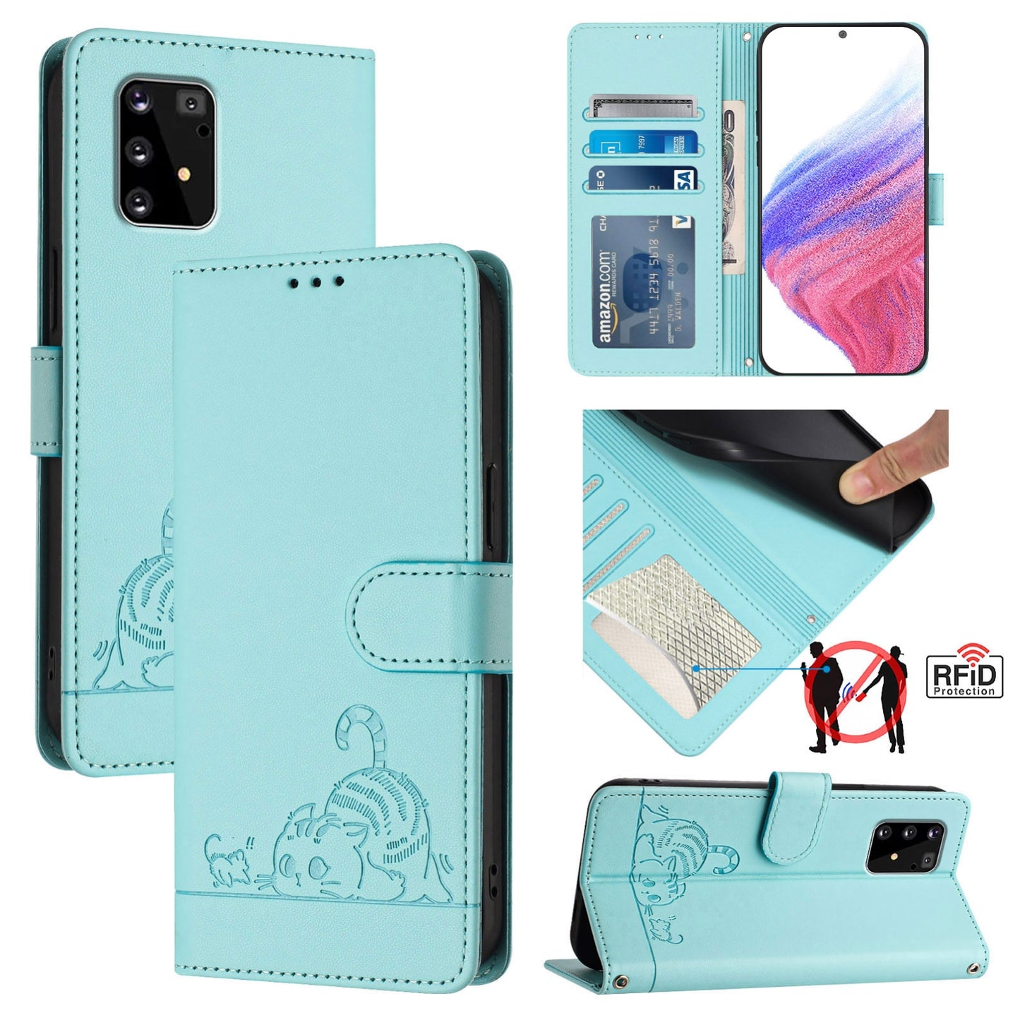 Samsung Galaxy A91 Cat & Rat Embossed RFID Leather Case, Lanyard, Wallet, Card Slots, Kickstand, Anti-Fall, Scratch-Resistant