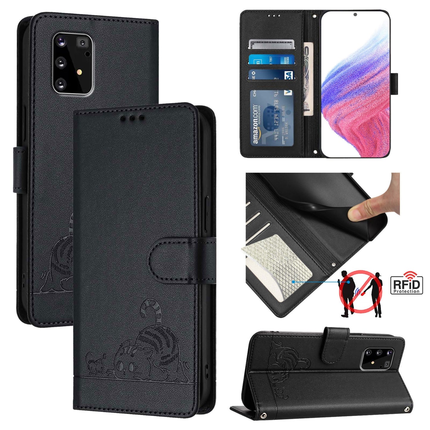 Samsung Galaxy A91 Cat & Rat Embossed RFID Leather Case, Lanyard, Wallet, Card Slots, Kickstand, Anti-Fall, Scratch-Resistant