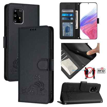 Samsung Galaxy M80s Cat & Rat Embossed RFID Leather Case, Lanyard, Wallet, Card Slots, Kickstand, Anti-Fall, Scratch-Resistant
