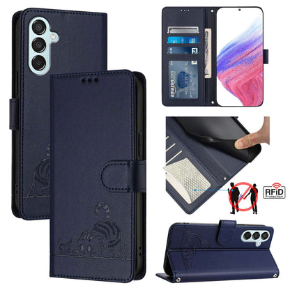 Samsung Galaxy F15 5G Cat & Rat Embossed RFID Leather Case, Lanyard, Wallet, Card Slots, Kickstand, Anti-Fall, Scratch-Resistant