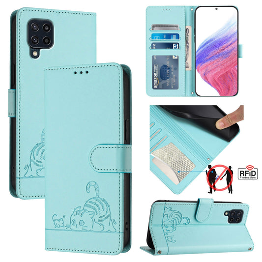 Samsung Galaxy M32 4G Global Cat & Rat Embossed RFID Leather Case, Lanyard, Wallet, Card Slots, Kickstand, Anti-Fall, Scratch-Resistant
