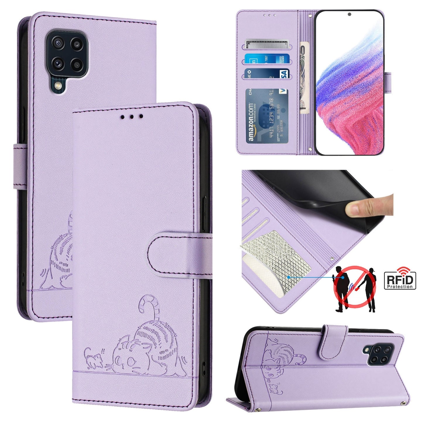 Samsung Galaxy M22 Cat & Rat Embossed RFID Leather Case, Lanyard, Wallet, Card Slots, Kickstand, Anti-Fall, Scratch-Resistant
