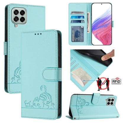 Samsung Galaxy M33 5G Global Cat & Rat Embossed RFID Leather Case, Lanyard, Wallet, Card Slots, Kickstand, Anti-Fall, Scratch-Resistant