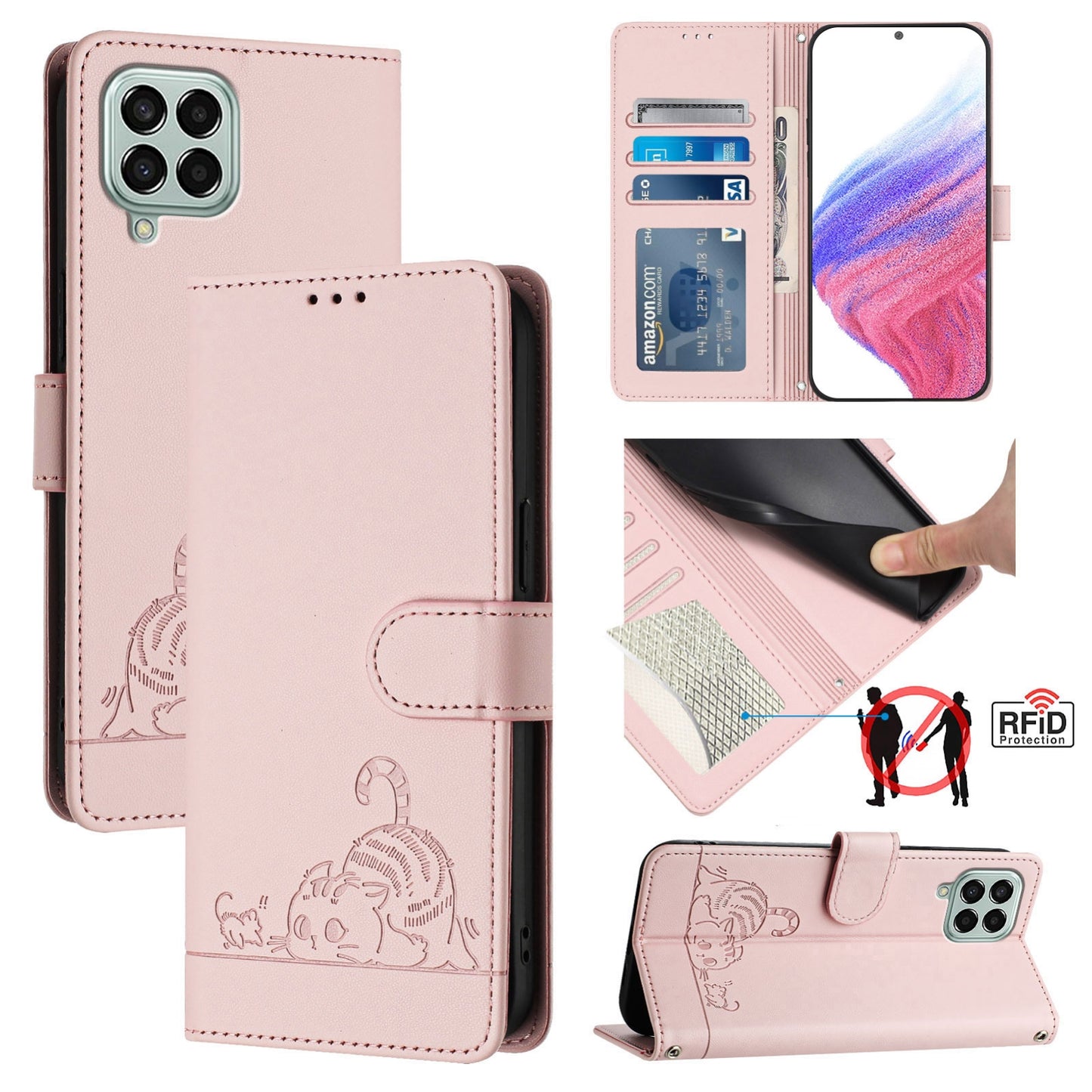 Samsung Galaxy M33 5G Global Cat & Rat Embossed RFID Leather Case, Lanyard, Wallet, Card Slots, Kickstand, Anti-Fall, Scratch-Resistant