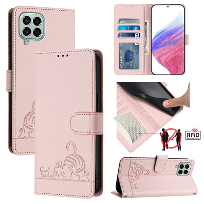 Samsung Galaxy M33 5G Global Cat & Rat Embossed RFID Leather Case, Lanyard, Wallet, Card Slots, Kickstand, Anti-Fall, Scratch-Resistant