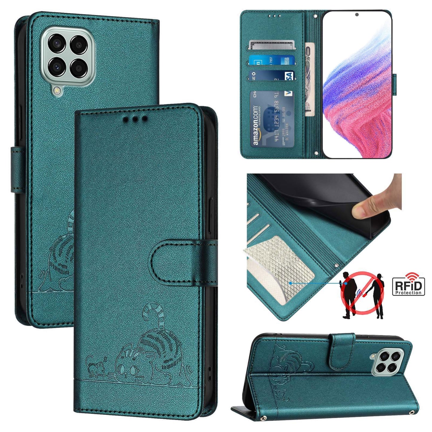 Samsung Galaxy M33 5G Global Cat & Rat Embossed RFID Leather Case, Lanyard, Wallet, Card Slots, Kickstand, Anti-Fall, Scratch-Resistant