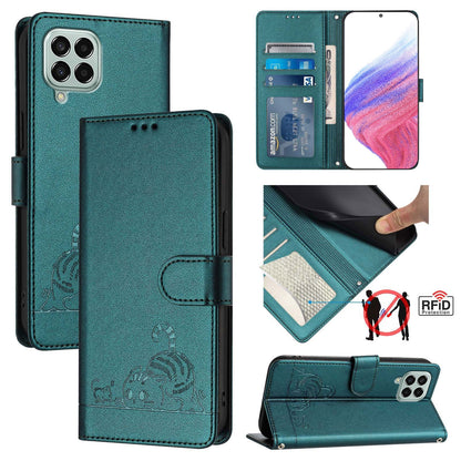 Samsung Galaxy M33 5G Global Cat & Rat Embossed RFID Leather Case, Lanyard, Wallet, Card Slots, Kickstand, Anti-Fall, Scratch-Resistant
