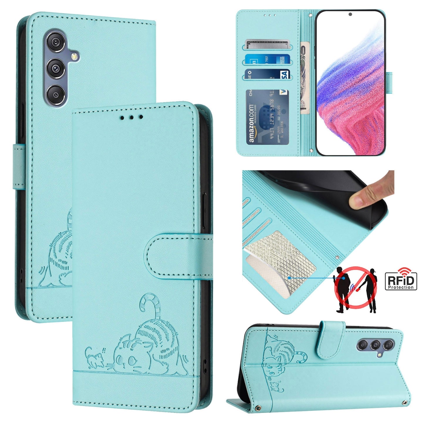 Samsung Galaxy M34 5G Cat & Rat Embossed RFID Leather Case, Lanyard, Wallet, Card Slots, Kickstand, Anti-Fall, Scratch-Resistant