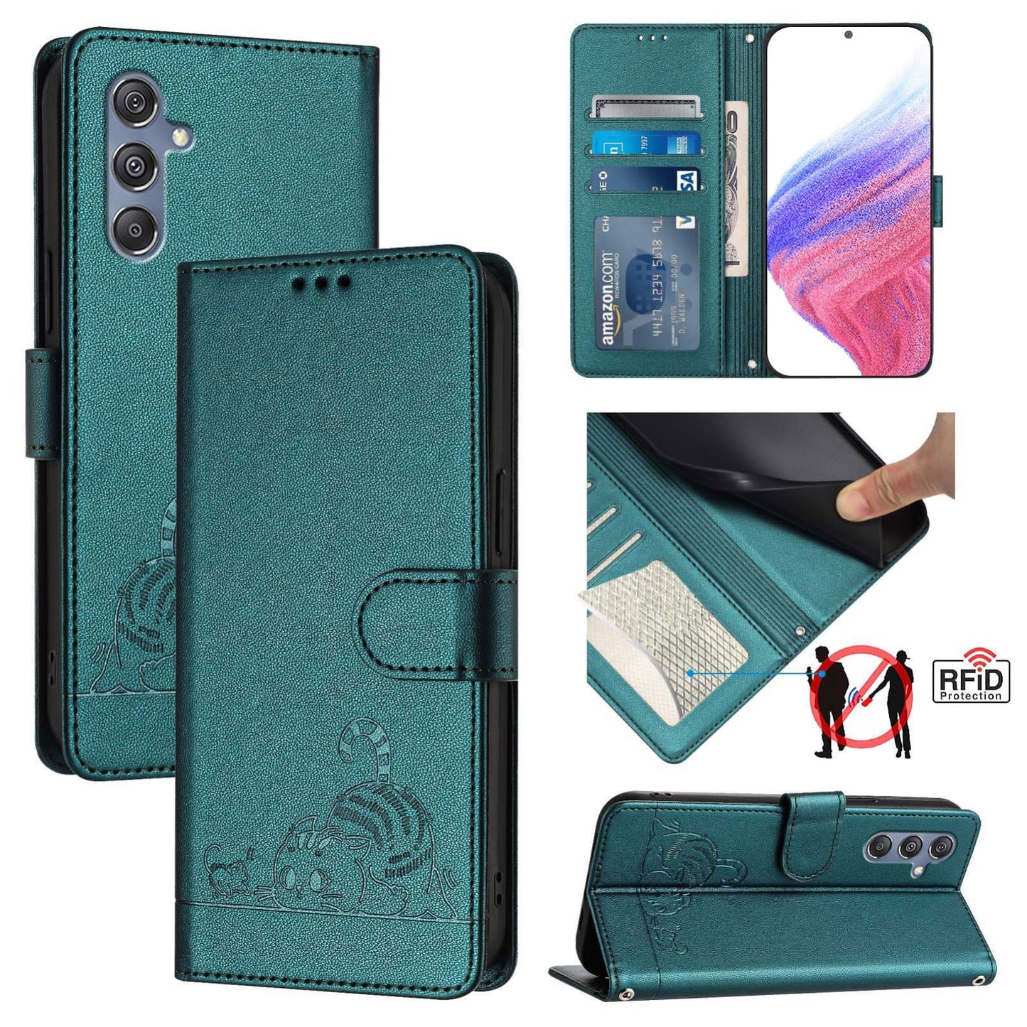 Samsung Galaxy M34 5G Cat & Rat Embossed RFID Leather Case, Lanyard, Wallet, Card Slots, Kickstand, Anti-Fall, Scratch-Resistant