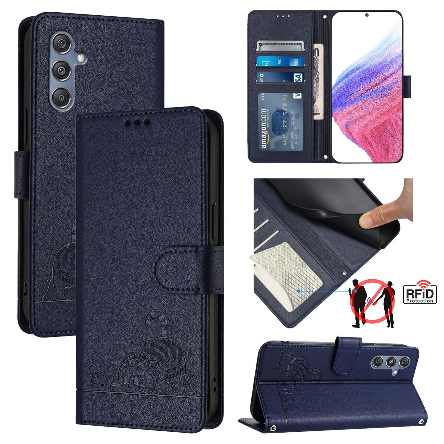 Samsung Galaxy F34 5G Cat & Rat Embossed RFID Leather Case, Lanyard, Wallet, Card Slots, Kickstand, Anti-Fall, Scratch-Resistant