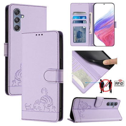 Samsung Galaxy M34 5G Cat & Rat Embossed RFID Leather Case, Lanyard, Wallet, Card Slots, Kickstand, Anti-Fall, Scratch-Resistant