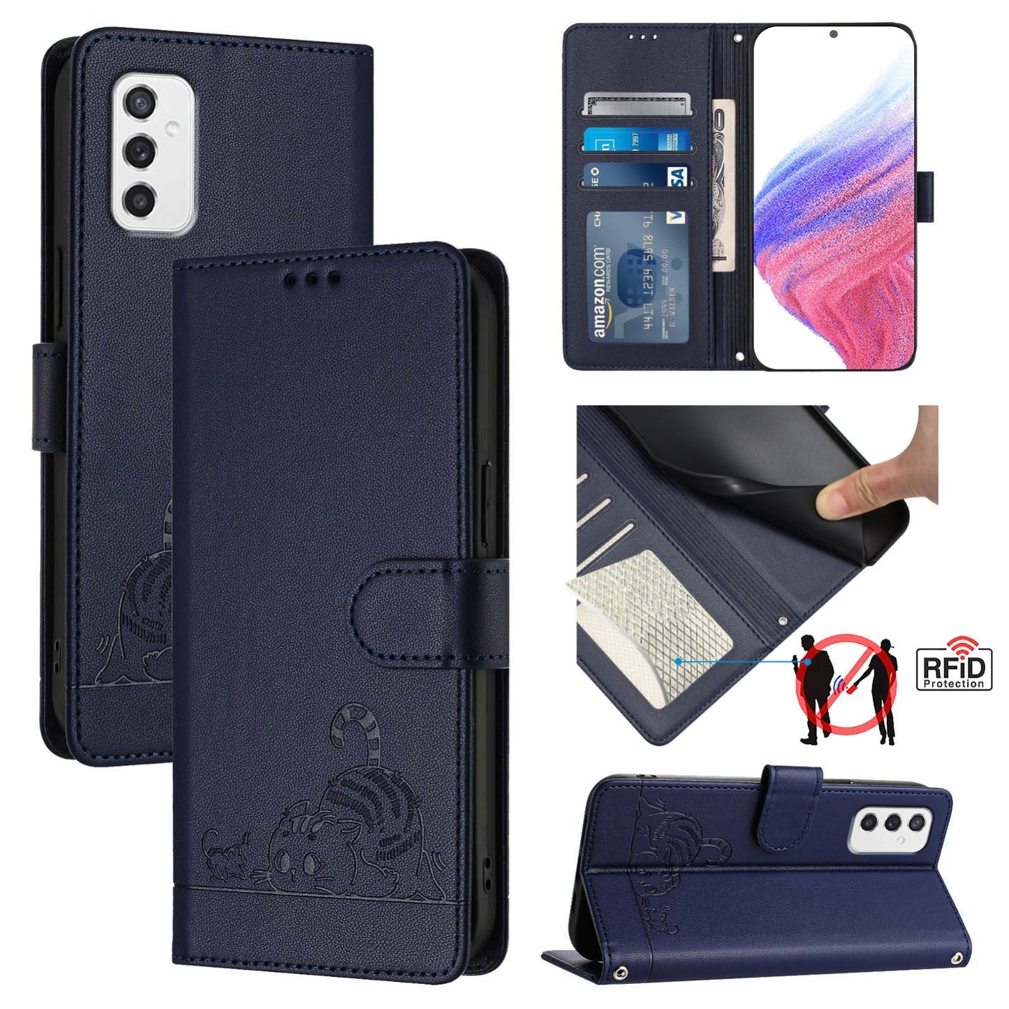 Samsung Galaxy M52 5G Cat & Rat Embossed RFID Leather Case, Lanyard, Wallet, Card Slots, Kickstand, Anti-Fall, Scratch-Resistant