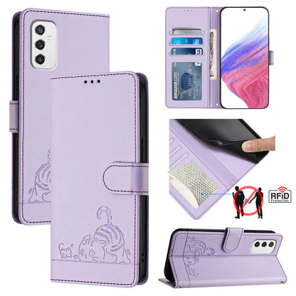 Samsung Galaxy M52 5G Cat & Rat Embossed RFID Leather Case, Lanyard, Wallet, Card Slots, Kickstand, Anti-Fall, Scratch-Resistant