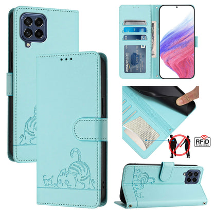 Samsung Galaxy M53 5G Cat & Rat Embossed RFID Leather Case, Lanyard, Wallet, Card Slots, Kickstand, Anti-Fall, Scratch-Resistant