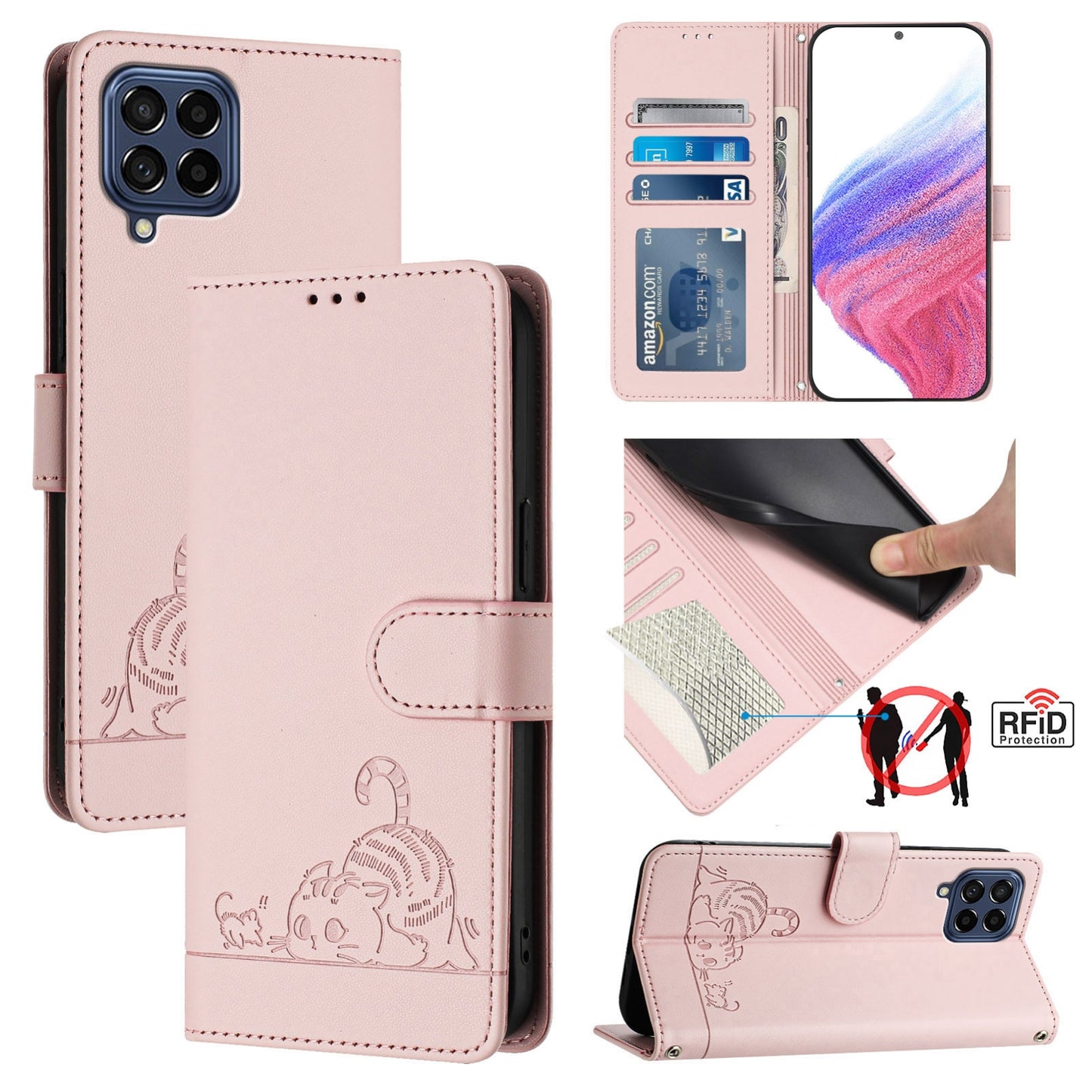 Samsung Galaxy M53 5G Cat & Rat Embossed RFID Leather Case, Lanyard, Wallet, Card Slots, Kickstand, Anti-Fall, Scratch-Resistant