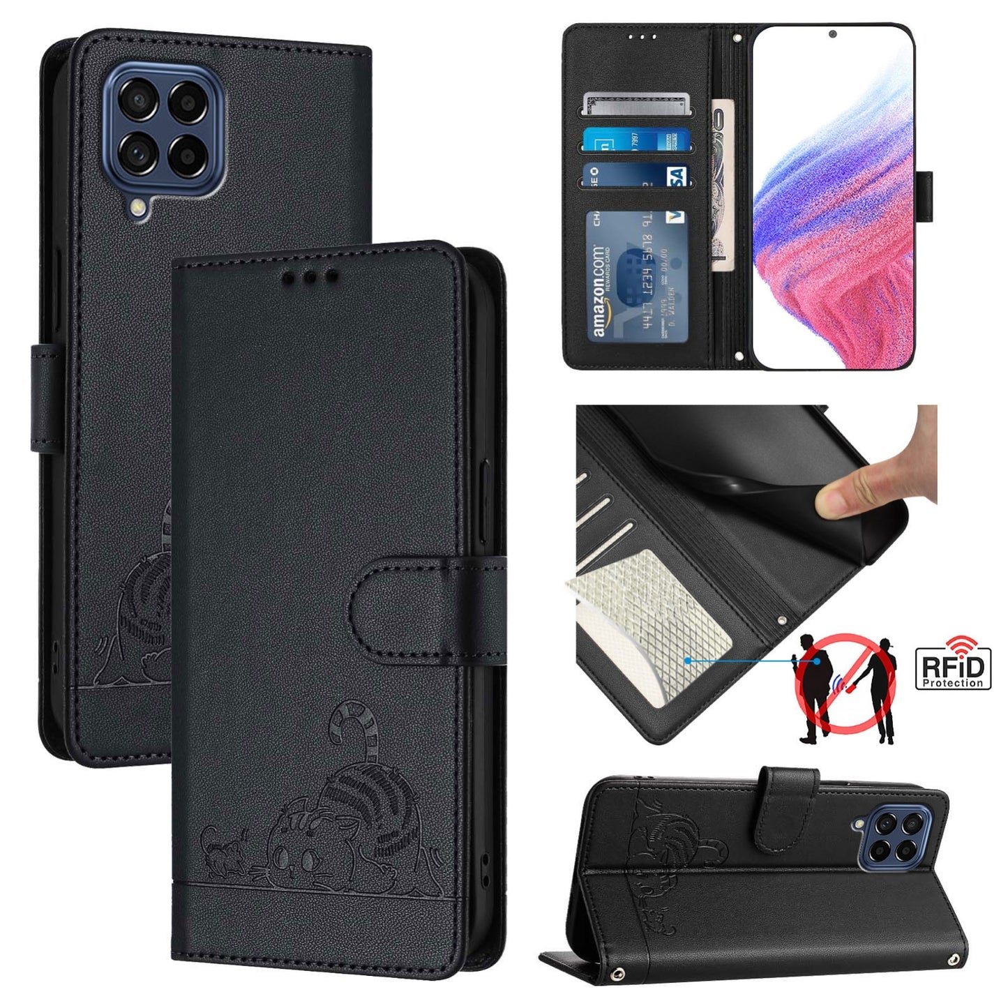 Samsung Galaxy M53 5G Cat & Rat Embossed RFID Leather Case, Lanyard, Wallet, Card Slots, Kickstand, Anti-Fall, Scratch-Resistant