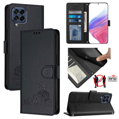 Samsung Galaxy M53 5G Cat & Rat Embossed RFID Leather Case, Lanyard, Wallet, Card Slots, Kickstand, Anti-Fall, Scratch-Resistant