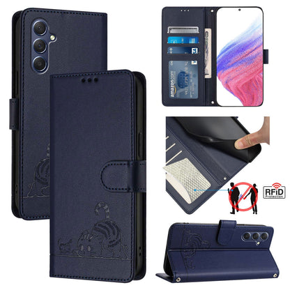 Samsung Galaxy F54 5G Cat & Rat Embossed RFID Leather Case, Lanyard, Wallet, Card Slots, Kickstand, Anti-Fall, Scratch-Resistant