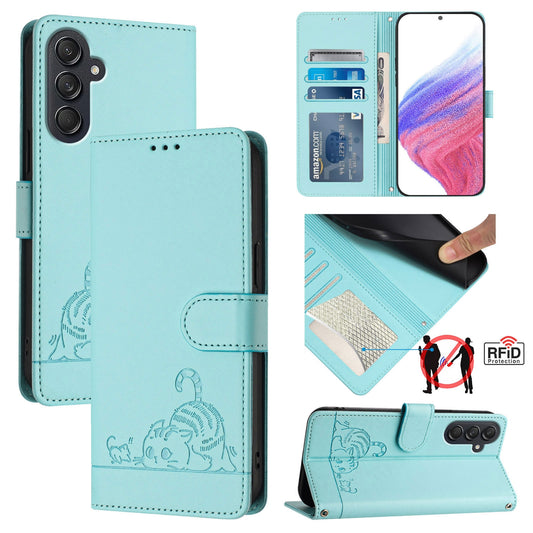 Samsung Galaxy M55 Cat & Rat Embossed RFID Leather Case, Lanyard, Wallet, Card Slots, Kickstand, Anti-Fall, Scratch-Resistant