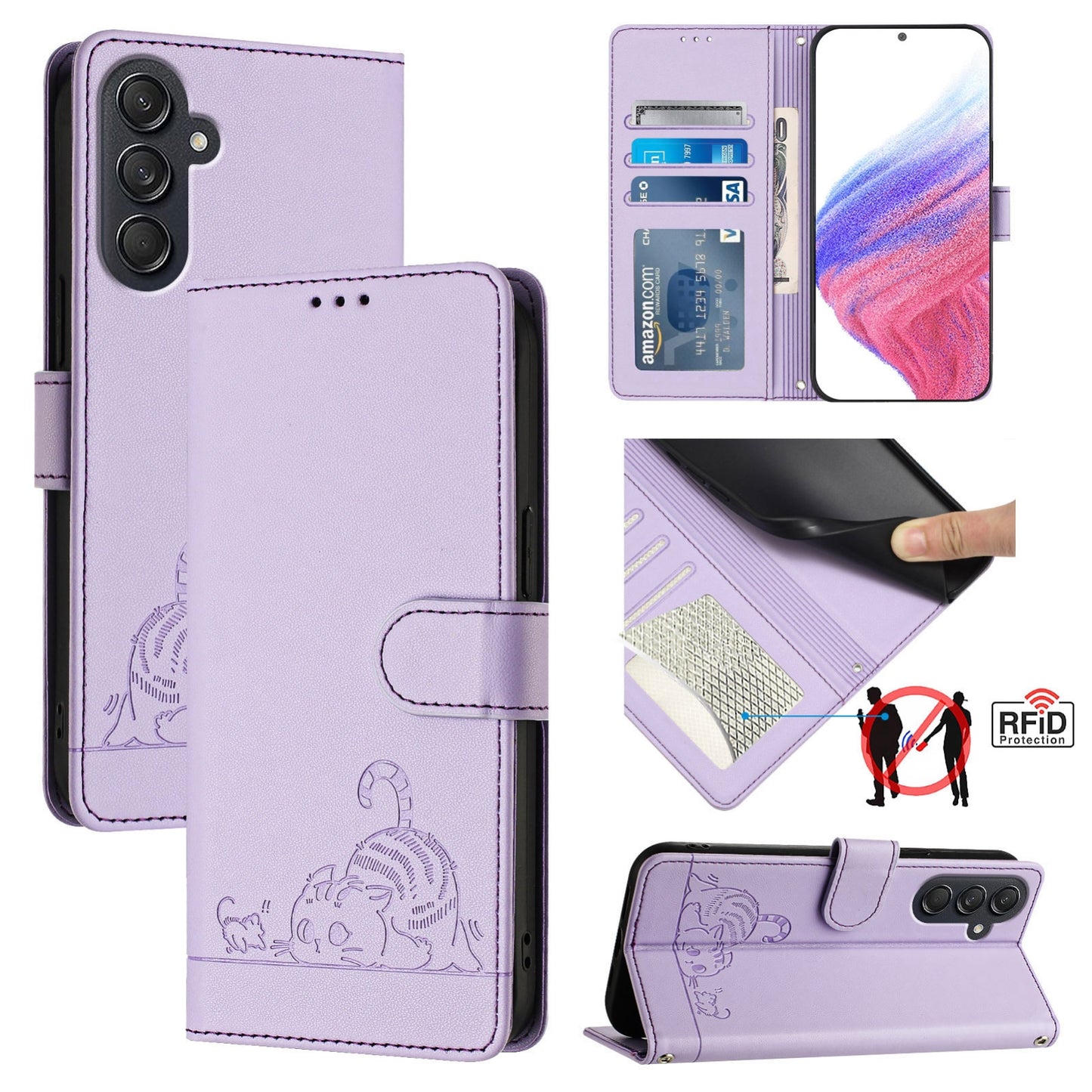 Samsung Galaxy M55 Cat & Rat Embossed RFID Leather Case, Lanyard, Wallet, Card Slots, Kickstand, Anti-Fall, Scratch-Resistant