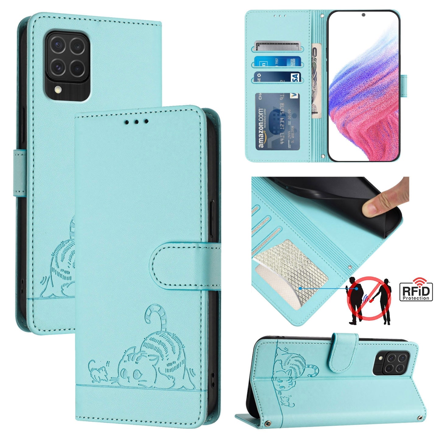 Samsung Galaxy M62 Cat & Rat Embossed RFID Leather Case, Lanyard, Wallet, Card Slots, Kickstand, Anti-Fall, Scratch-Resistant