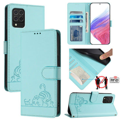 Samsung Galaxy M62 Cat & Rat Embossed RFID Leather Case, Lanyard, Wallet, Card Slots, Kickstand, Anti-Fall, Scratch-Resistant
