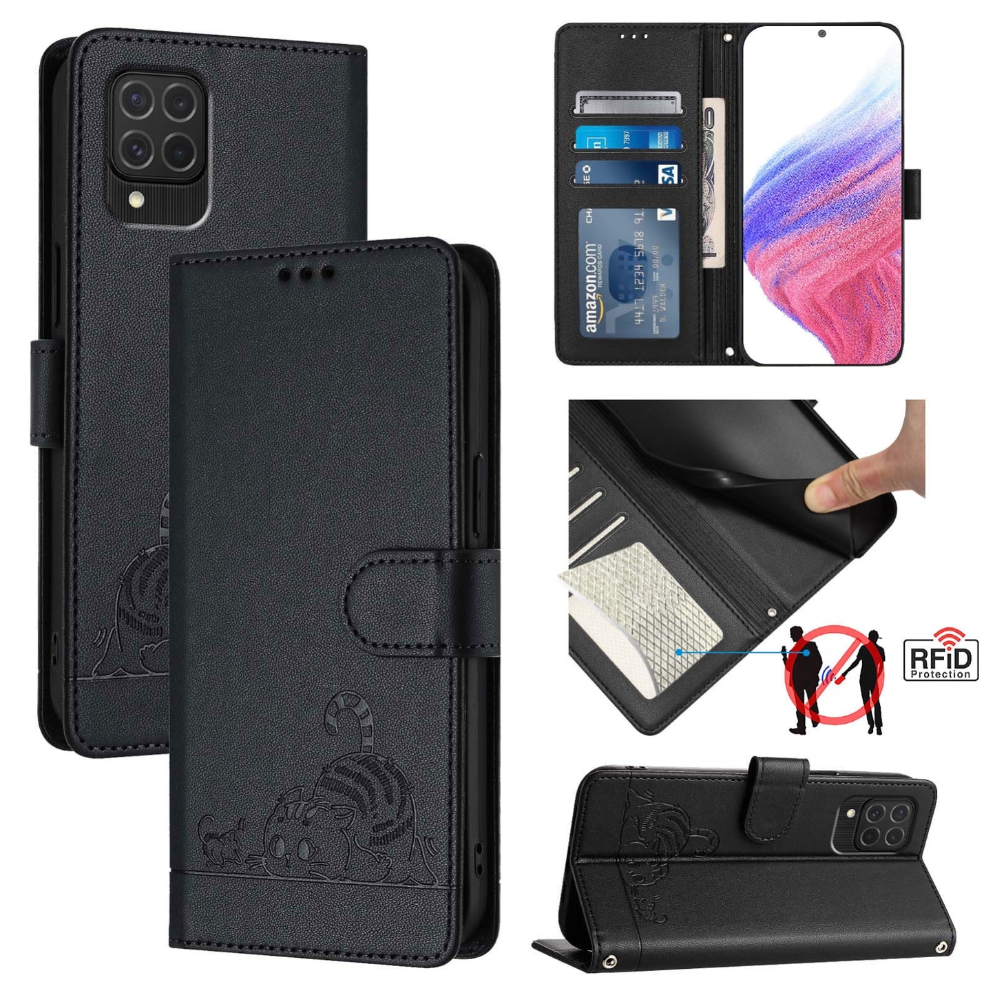 Samsung Galaxy M62 Cat & Rat Embossed RFID Leather Case, Lanyard, Wallet, Card Slots, Kickstand, Anti-Fall, Scratch-Resistant