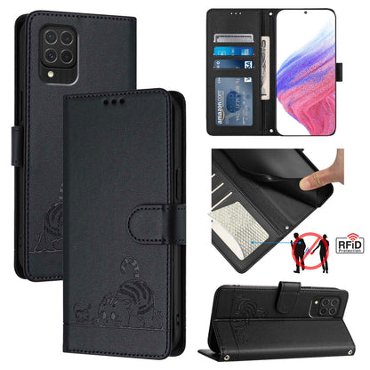 Samsung Galaxy M62 Cat & Rat Embossed RFID Leather Case, Lanyard, Wallet, Card Slots, Kickstand, Anti-Fall, Scratch-Resistant
