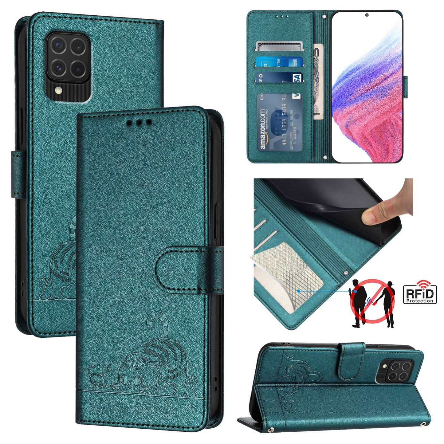 Samsung Galaxy M62 Cat & Rat Embossed RFID Leather Case, Lanyard, Wallet, Card Slots, Kickstand, Anti-Fall, Scratch-Resistant