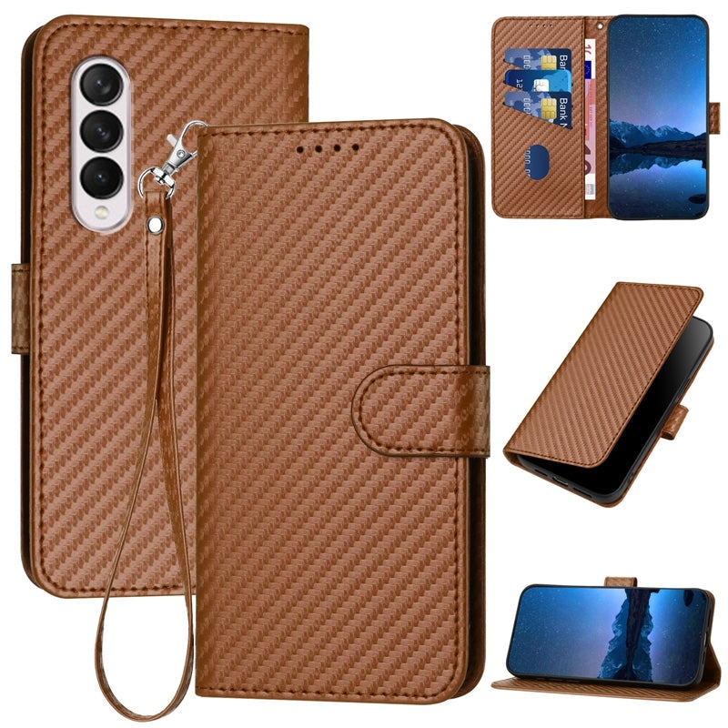 Samsung Galaxy Z Fold3 5G Carbon Fiber Buckle Leather Phone Case with Lanyard, PU Leather TPU Wallet Cover with Card Slot, Cash Compartment, Stand Function & Scratch Protection