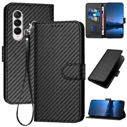 Samsung Galaxy Z Fold3 5G Carbon Fiber Buckle Leather Phone Case with Lanyard, PU Leather TPU Wallet Cover with Card Slot, Cash Compartment, Stand Function & Scratch Protection