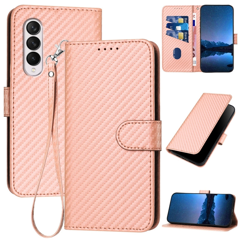 Samsung Galaxy Z Fold3 5G Carbon Fiber Buckle Leather Phone Case with Lanyard, PU Leather TPU Wallet Cover with Card Slot, Cash Compartment, Stand Function & Scratch Protection