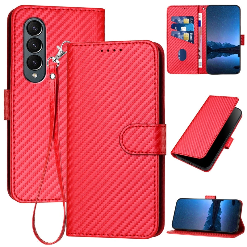 Samsung Galaxy Z Fold4 5G Carbon Fiber Buckle Leather Phone Case with Lanyard, PU Leather TPU Wallet Cover with Card Slot, Cash Compartment, Stand Function & Scratch Protection