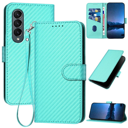 Samsung Galaxy Z Fold4 5G Carbon Fiber Buckle Leather Phone Case with Lanyard, PU Leather TPU Wallet Cover with Card Slot, Cash Compartment, Stand Function & Scratch Protection