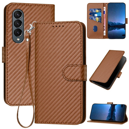 Samsung Galaxy Z Fold4 5G Carbon Fiber Buckle Leather Phone Case with Lanyard, PU Leather TPU Wallet Cover with Card Slot, Cash Compartment, Stand Function & Scratch Protection