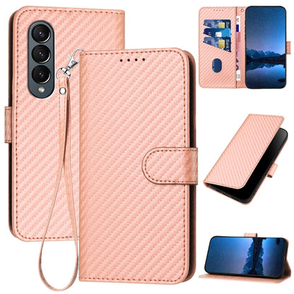 Samsung Galaxy Z Fold4 5G Carbon Fiber Buckle Leather Phone Case with Lanyard, PU Leather TPU Wallet Cover with Card Slot, Cash Compartment, Stand Function & Scratch Protection