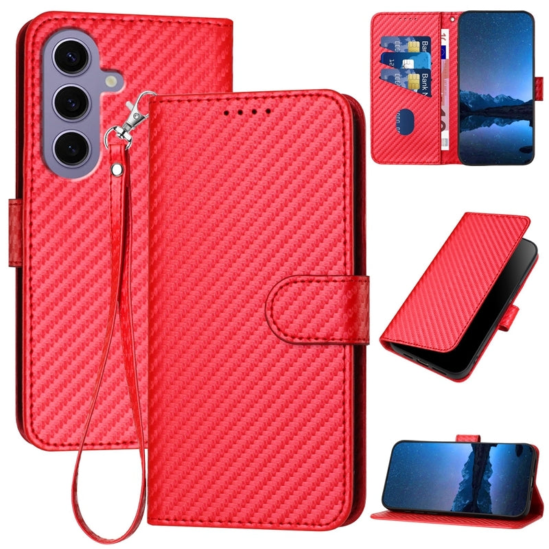 Samsung Galaxy S24 5G Carbon Fiber Buckle Leather Phone Case with Lanyard, PU Leather TPU Wallet Cover with Card Slot, Cash Compartment, Stand Function & Scratch Protection