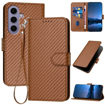 Samsung Galaxy S24 5G Carbon Fiber Buckle Leather Phone Case with Lanyard, PU Leather TPU Wallet Cover with Card Slot, Cash Compartment, Stand Function & Scratch Protection
