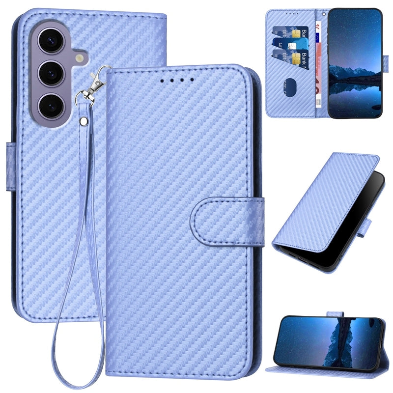 Samsung Galaxy S24 5G Carbon Fiber Buckle Leather Phone Case with Lanyard, PU Leather TPU Wallet Cover with Card Slot, Cash Compartment, Stand Function & Scratch Protection