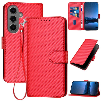 Samsung Galaxy S24+ 5G Carbon Fiber Buckle Leather Phone Case with Lanyard, PU Leather TPU Wallet Cover with Card Slot, Cash Compartment, Stand Function & Scratch Protection