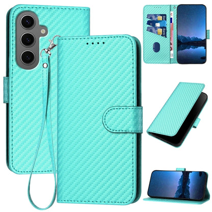 Samsung Galaxy S24+ 5G Carbon Fiber Buckle Leather Phone Case with Lanyard, PU Leather TPU Wallet Cover with Card Slot, Cash Compartment, Stand Function & Scratch Protection