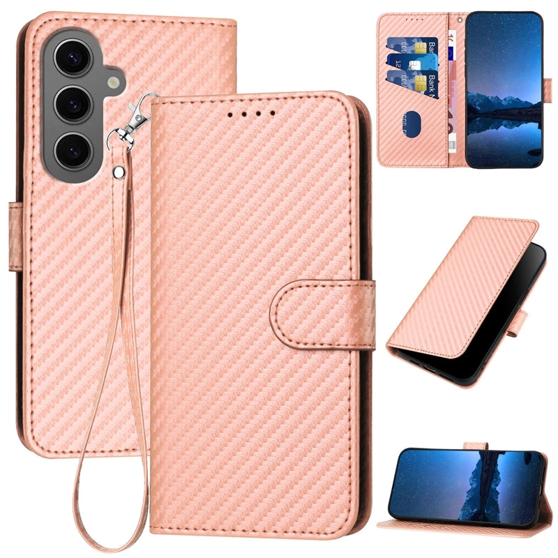 Samsung Galaxy S24+ 5G Carbon Fiber Buckle Leather Phone Case with Lanyard, PU Leather TPU Wallet Cover with Card Slot, Cash Compartment, Stand Function & Scratch Protection