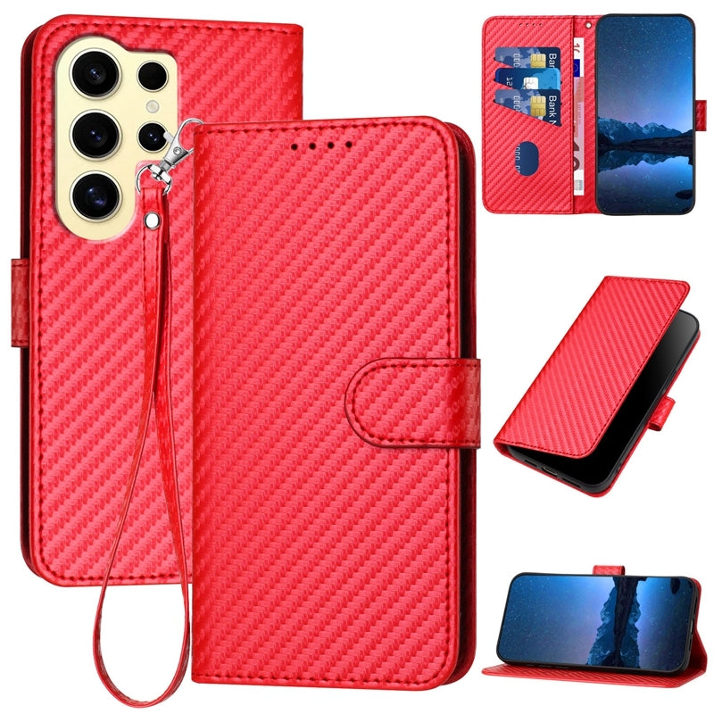 Samsung Galaxy S24 Ultra 5G Carbon Fiber Buckle Leather Phone Case with Lanyard, PU Leather TPU Wallet Cover with Card Slot, Cash Compartment, Stand Function & Scratch Protection