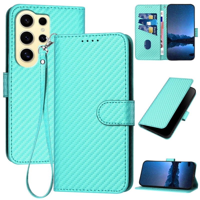 Samsung Galaxy S24 Ultra 5G Carbon Fiber Buckle Leather Phone Case with Lanyard, PU Leather TPU Wallet Cover with Card Slot, Cash Compartment, Stand Function & Scratch Protection