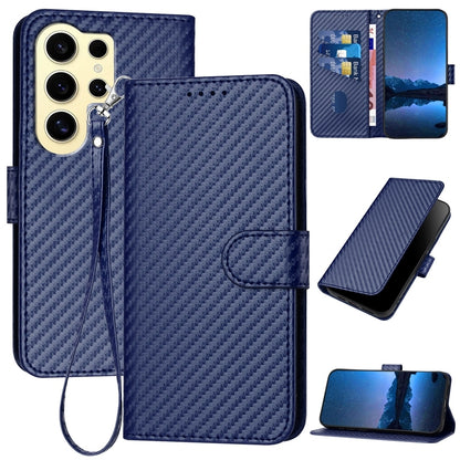 Samsung Galaxy S24 Ultra 5G Carbon Fiber Buckle Leather Phone Case with Lanyard, PU Leather TPU Wallet Cover with Card Slot, Cash Compartment, Stand Function & Scratch Protection