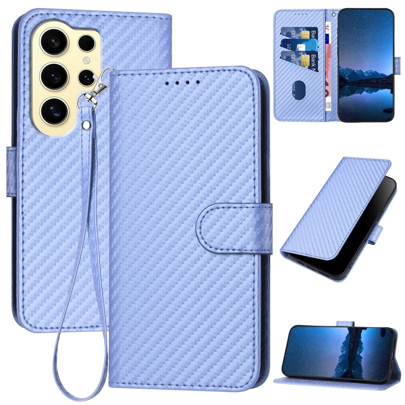 Samsung Galaxy S24 Ultra 5G Carbon Fiber Buckle Leather Phone Case with Lanyard, PU Leather TPU Wallet Cover with Card Slot, Cash Compartment, Stand Function & Scratch Protection