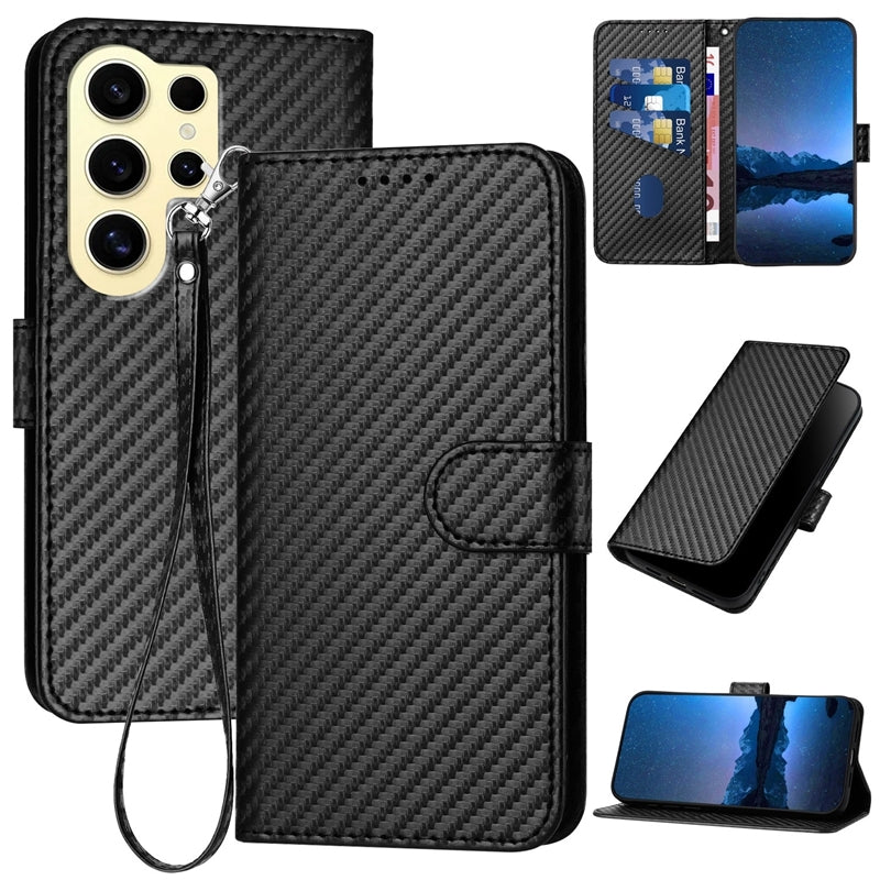 Samsung Galaxy S24 Ultra 5G Carbon Fiber Buckle Leather Phone Case with Lanyard, PU Leather TPU Wallet Cover with Card Slot, Cash Compartment, Stand Function & Scratch Protection